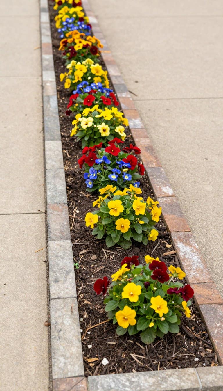 Neat flower bed border along a garden path with colorful blooms and defined edging