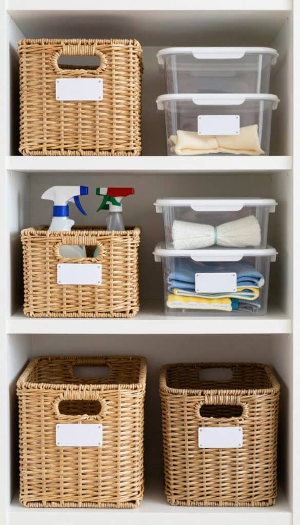 Organized cleaning supplies stored neatly in baskets and containers for easy access during weekly home organization