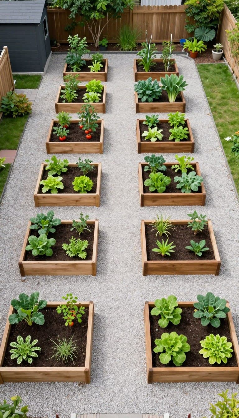 Organized raised garden bed grid layout with neat rows and defined pathways in a backyard setting