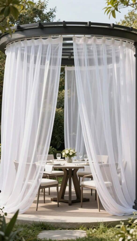Outdoor dining area with flowing curtains