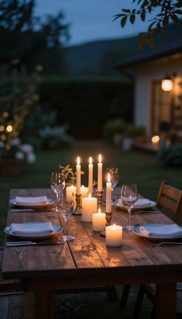 Outdoor table with candlelight glow at night