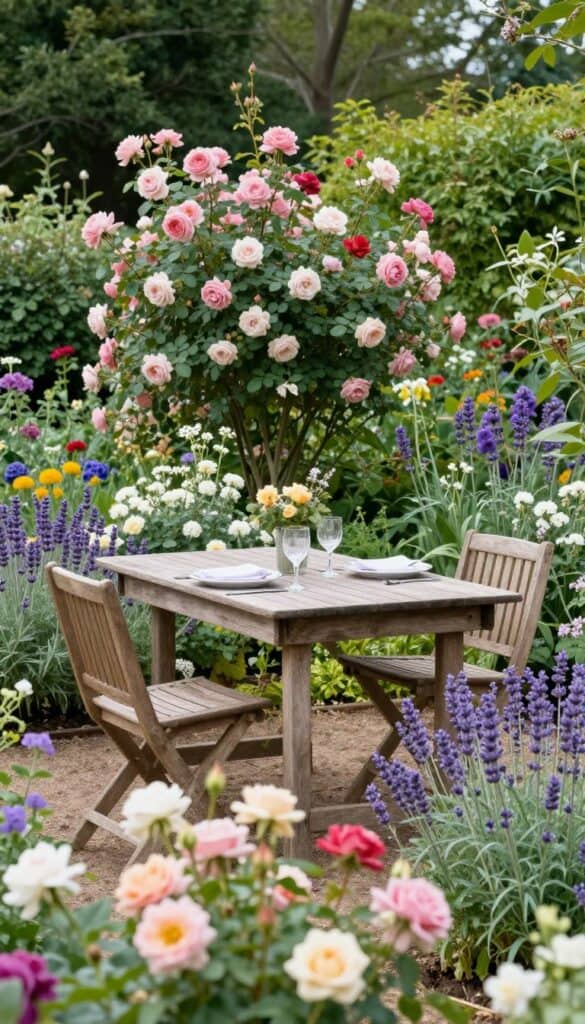 Dining table surrounded by flowers in garden