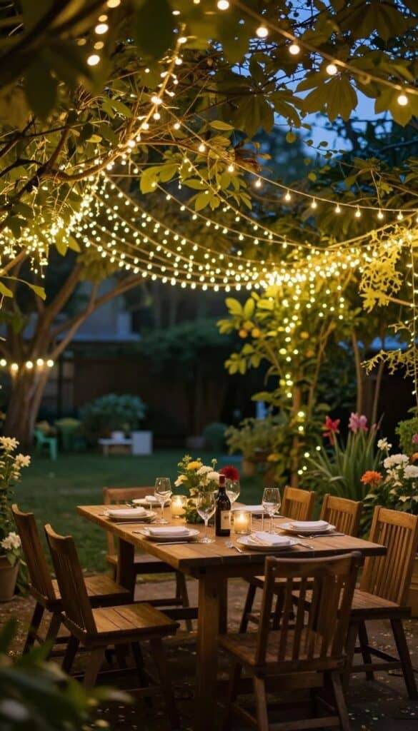 Outdoor dining table under fairy light canopy at dusk