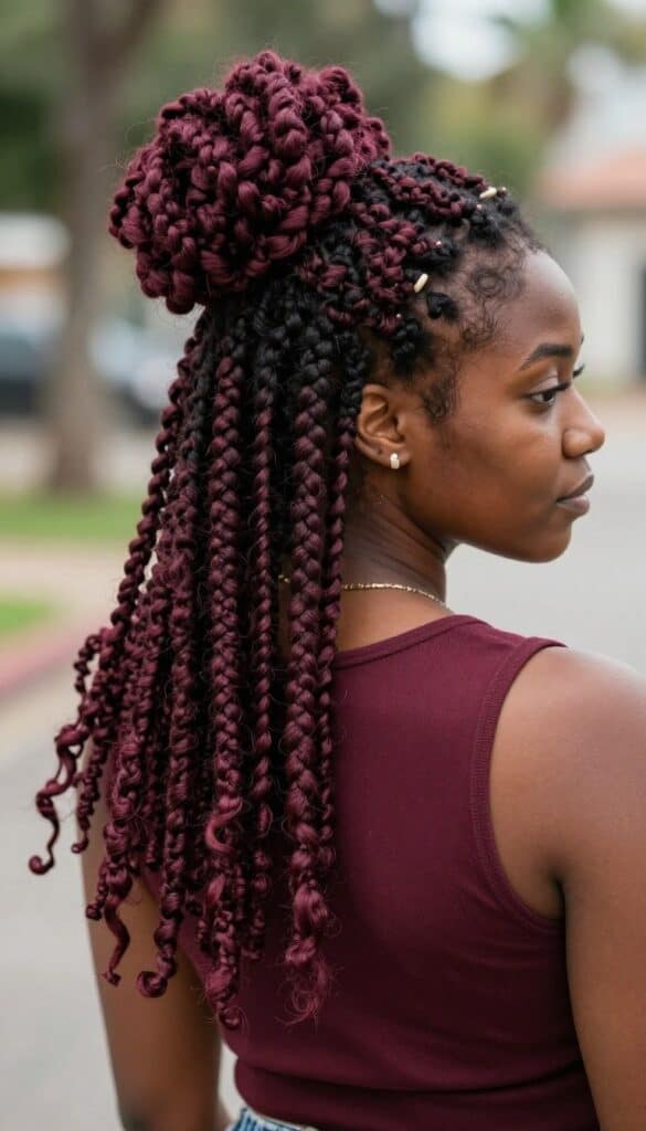 Passion twists half up hairstyle showing bohemian texture on Black woman