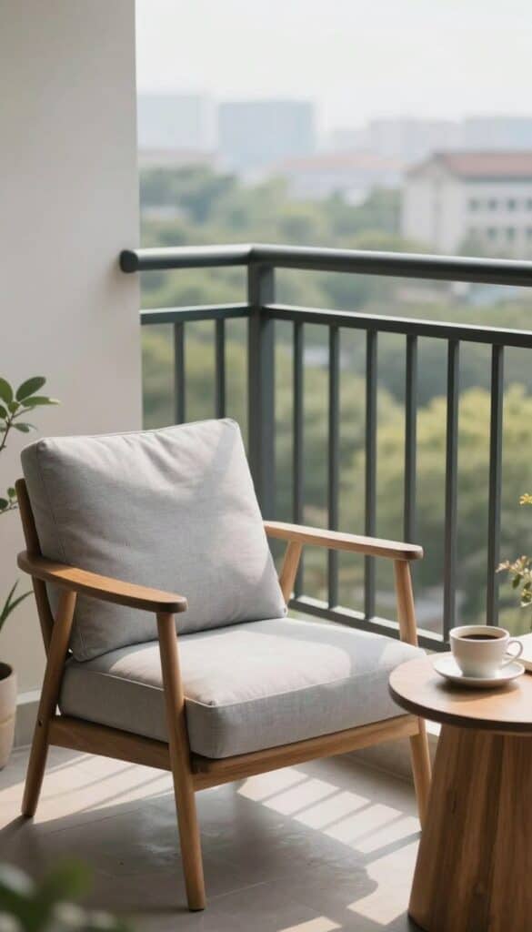 Peaceful balcony reading nook with comfortable chair positioned toward scenic view and small side table