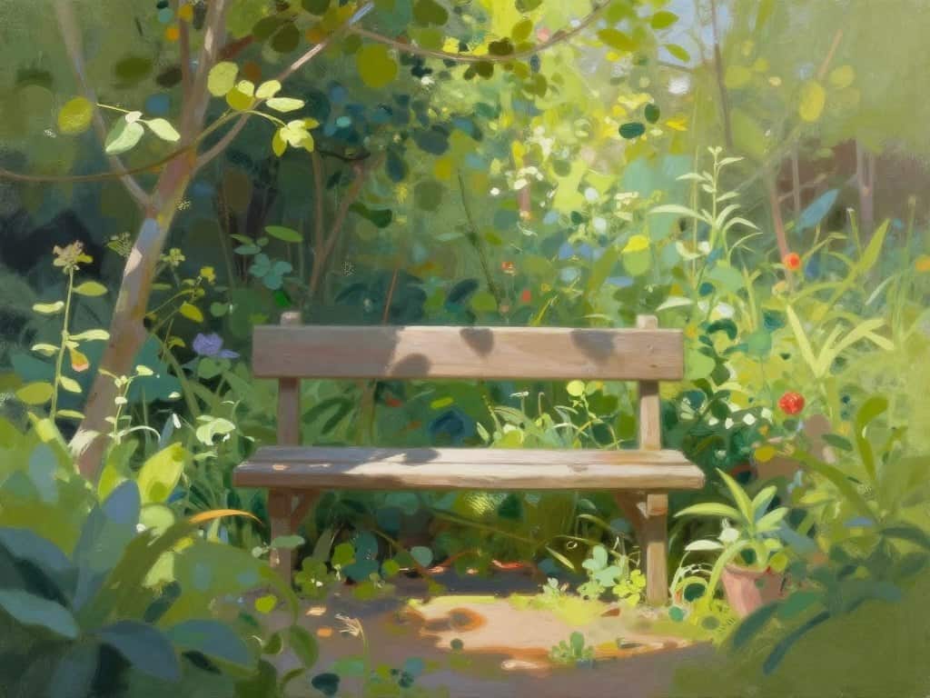 Peaceful garden bench surrounded by greenery with dappled sunlight in cottage garden painting