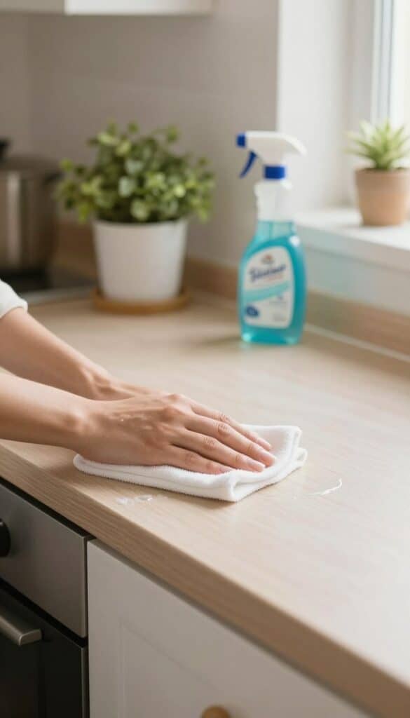 Person wiping down a kitchen counter with a fresh organized space and cleaning supplies nearby during weekly home organization