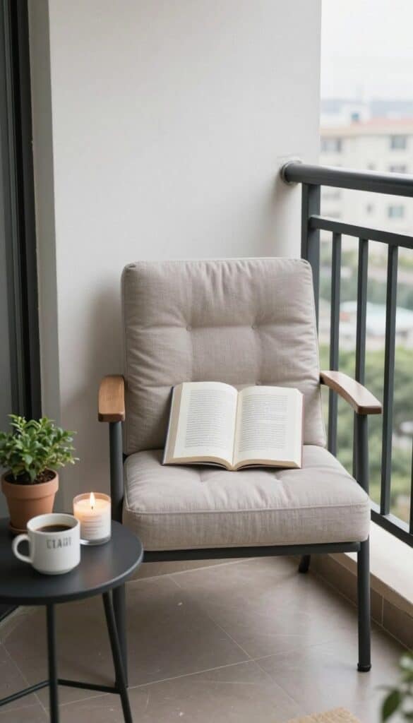 Personalized balcony corner with favorite chair, book, and candle creating intimate unhurried retreat