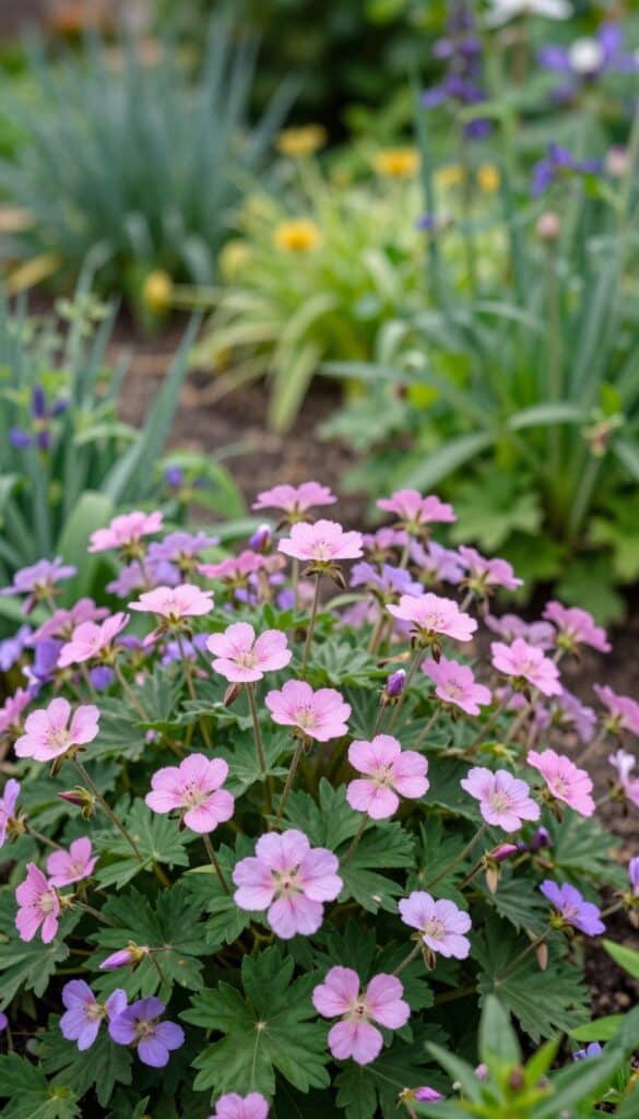 Pink and purple hardy geranium cranesbill flowers spreading as ground cover in cottage garden