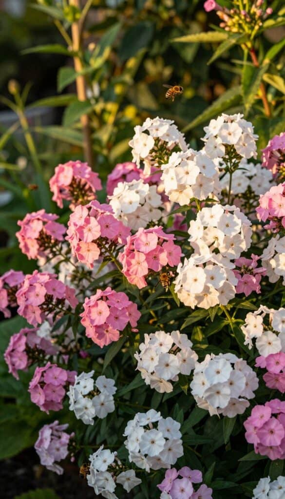 Pink and white phlox flower clusters creating fullness in fragrant cottage garden border