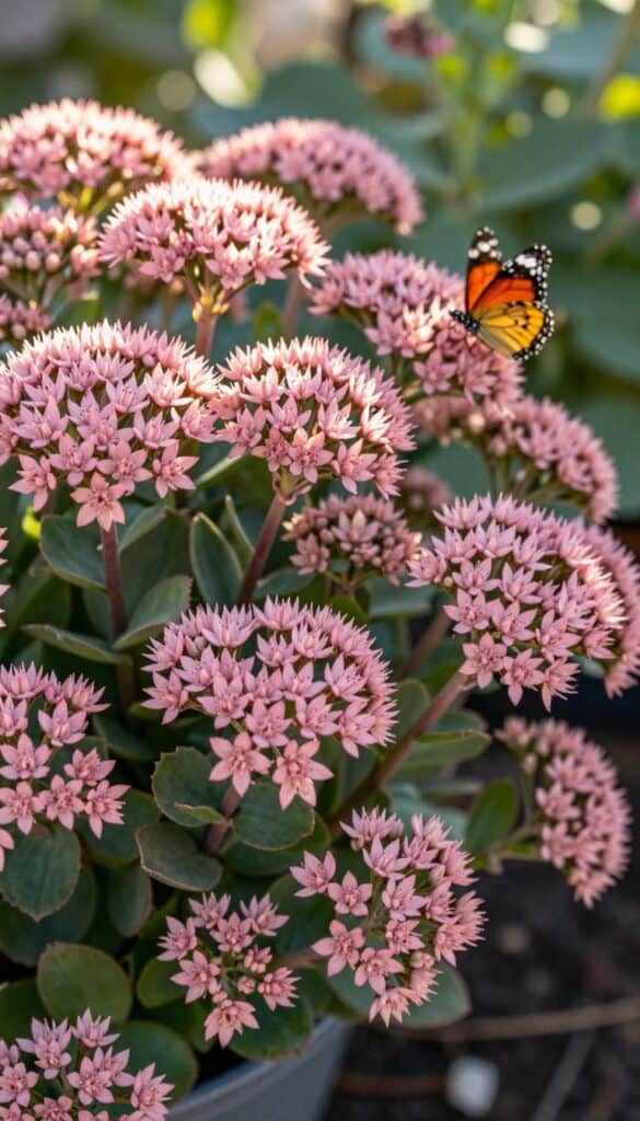 Pink sedum succulent blooms extending cottage garden color into late autumn season
