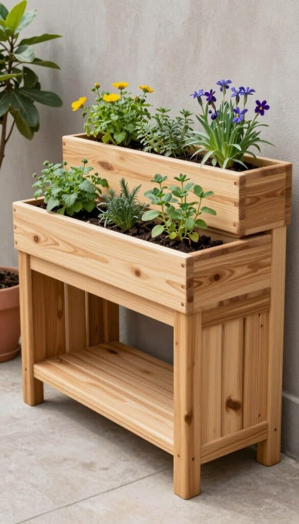 Potting bench with built-in planter boxes combining work and growing space