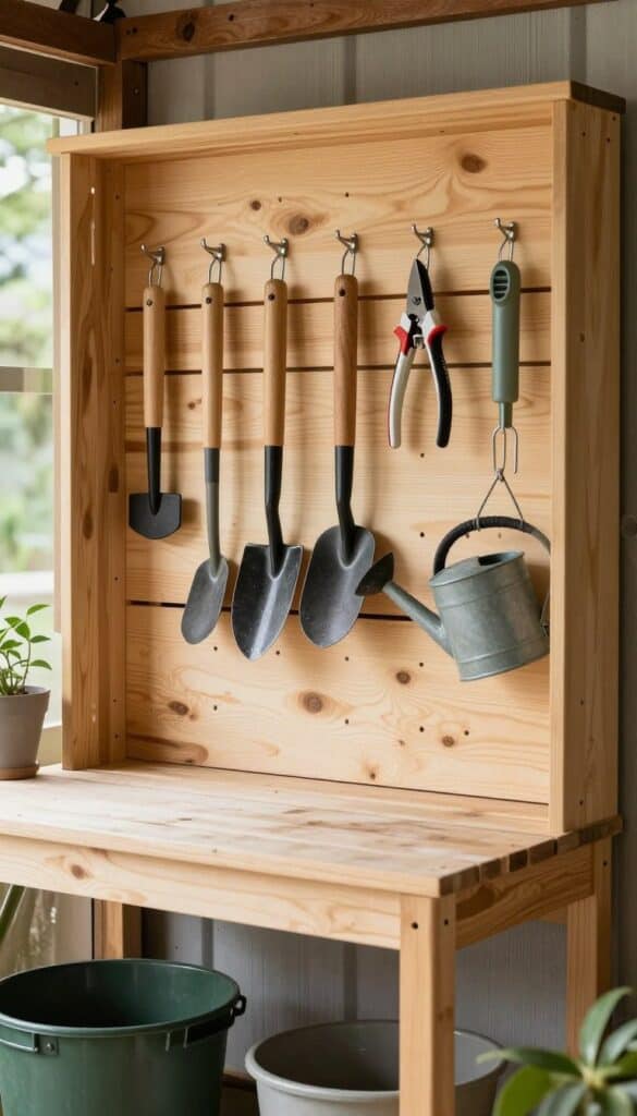 Potting bench with vertical hanging tool storage and metal hooks
