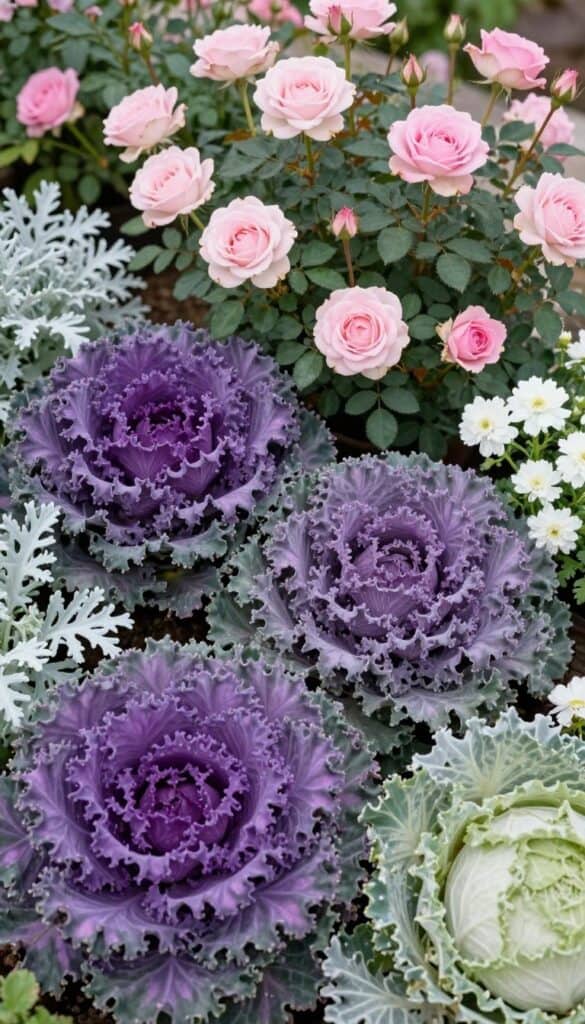 Purple vegetables and silvery herbs blended with soft pink and white cottage flowers showing color harmony