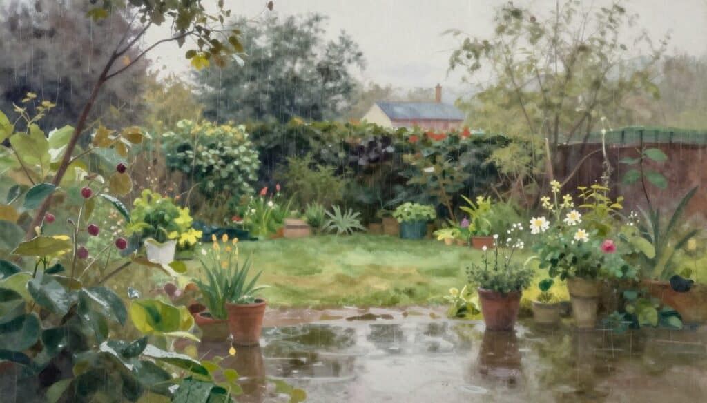 Rain soaked cottage garden with soft reflections and peaceful misty atmosphere in painting