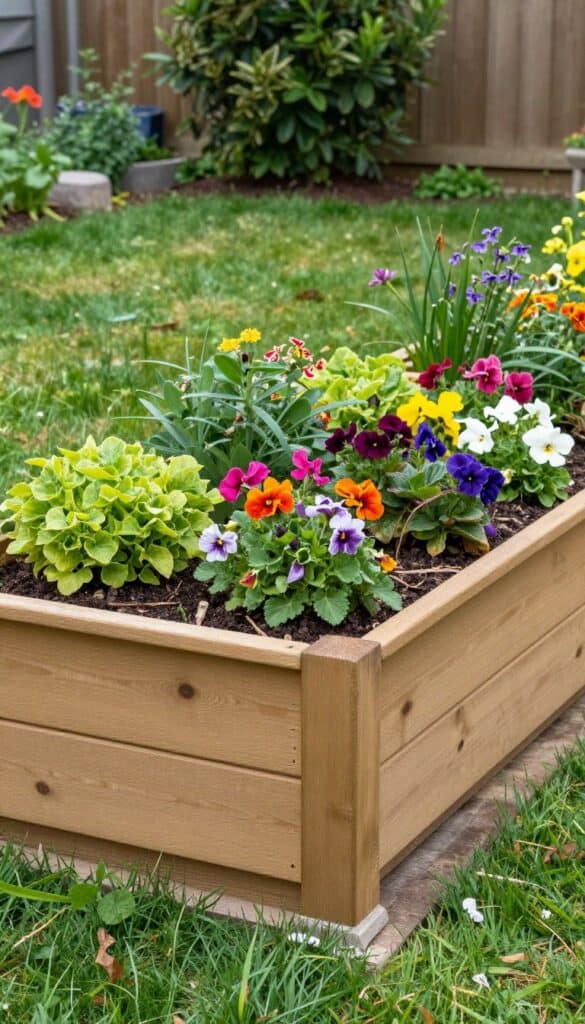 Raised wooden flower bed filled with vibrant flowers in a backyard garden setting