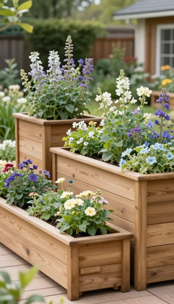 Raised wooden planters adding height and layers to cottage patio