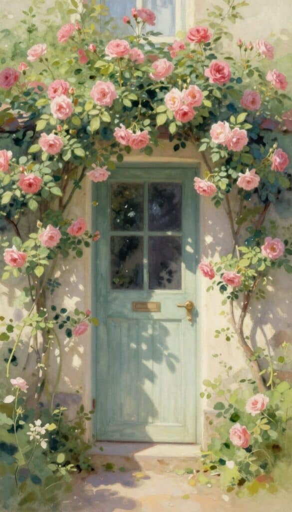 Romantic cottage door with climbing roses in soft dusty pink tones, dreamy painting style