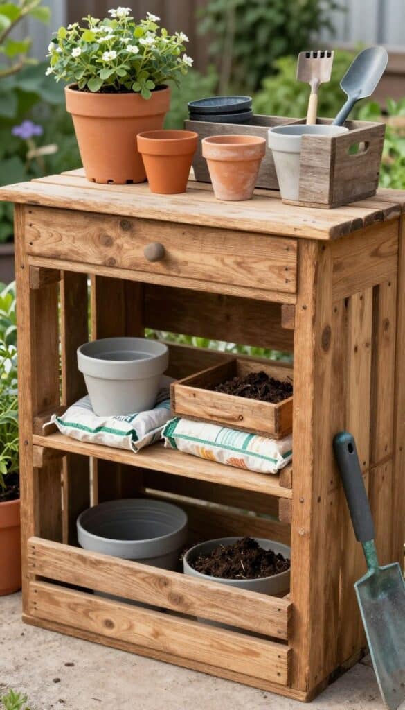 Rustic potting bench with wooden crate storage underneath