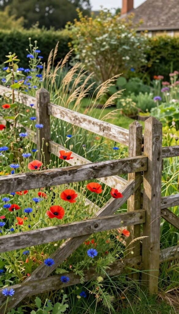 Rustic split rail wooden fence with red poppies and blue cornflowers spilling over fence line in cottage garden