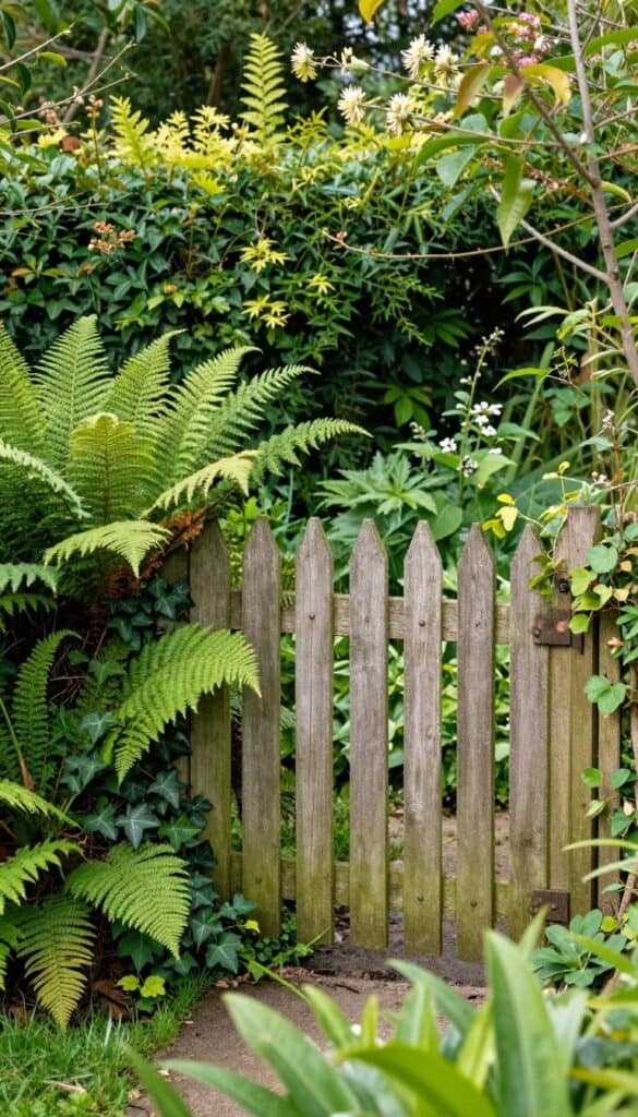 Rustic wooden fence surrounded by lush green ferns ivy and shrubs creating serene cottage garden backdrop