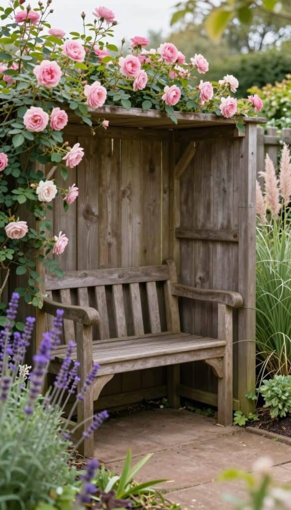 Rustic wooden fence with built-in bench seating surrounded by roses lavender and grasses creating cosy cottage garden corner