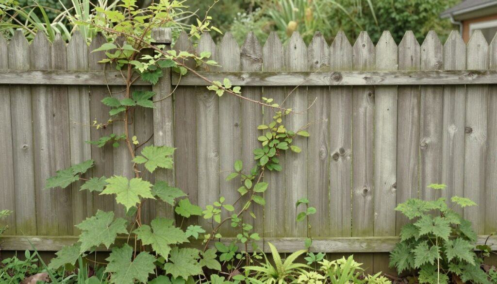 Rustic wooden fence with climbing vines in peaceful cottage garden landscape painting