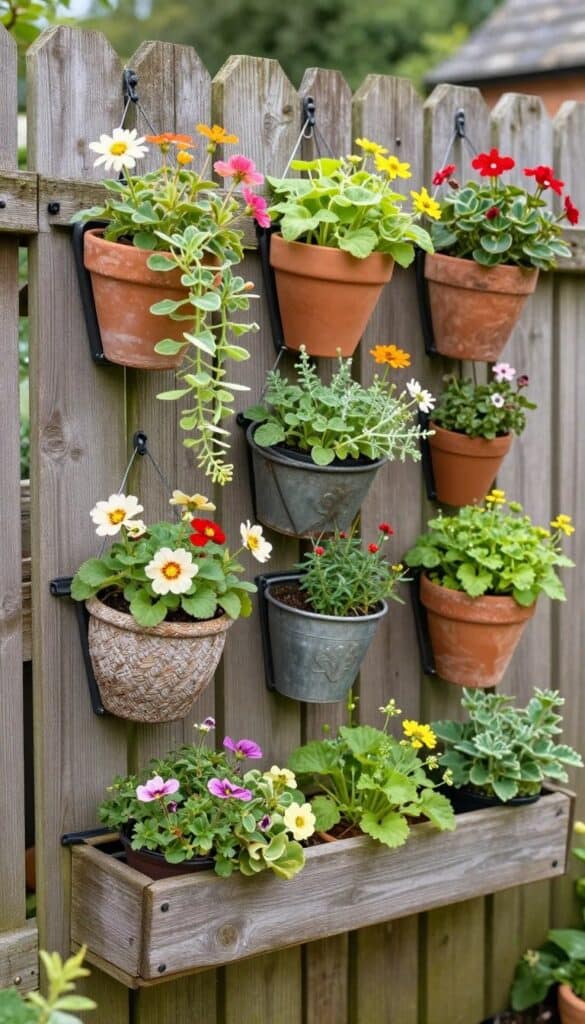 Rustic wooden fence with terracotta and metal hanging planters filled with trailing flowers in cottage garden