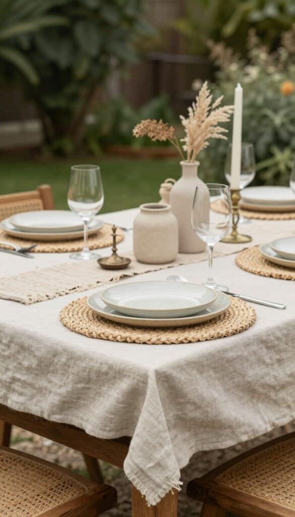 Rustic wooden table styled with linen and natural decor