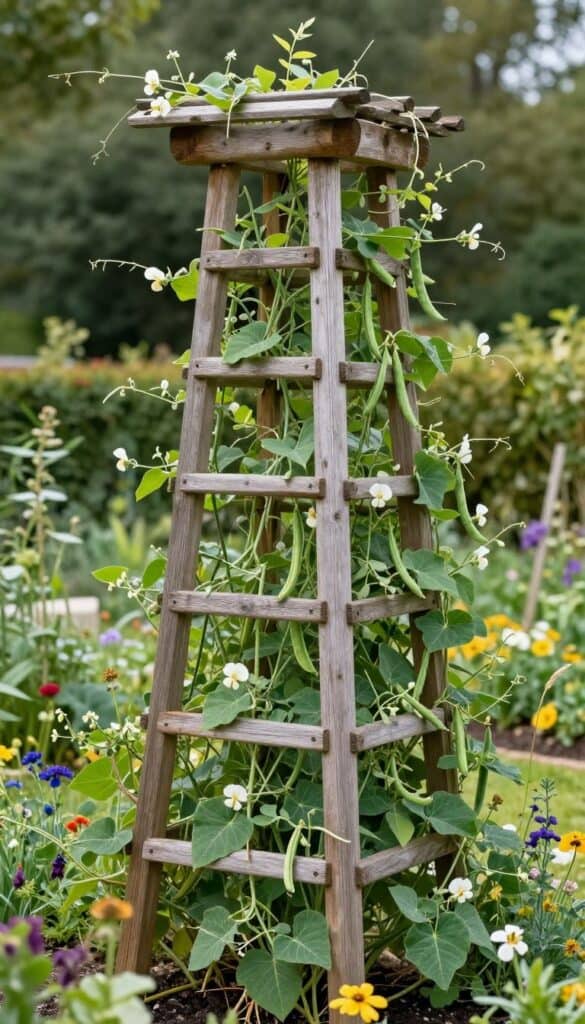 Rustic wooden trellis with climbing peas and beans in cottage garden adding vertical structure