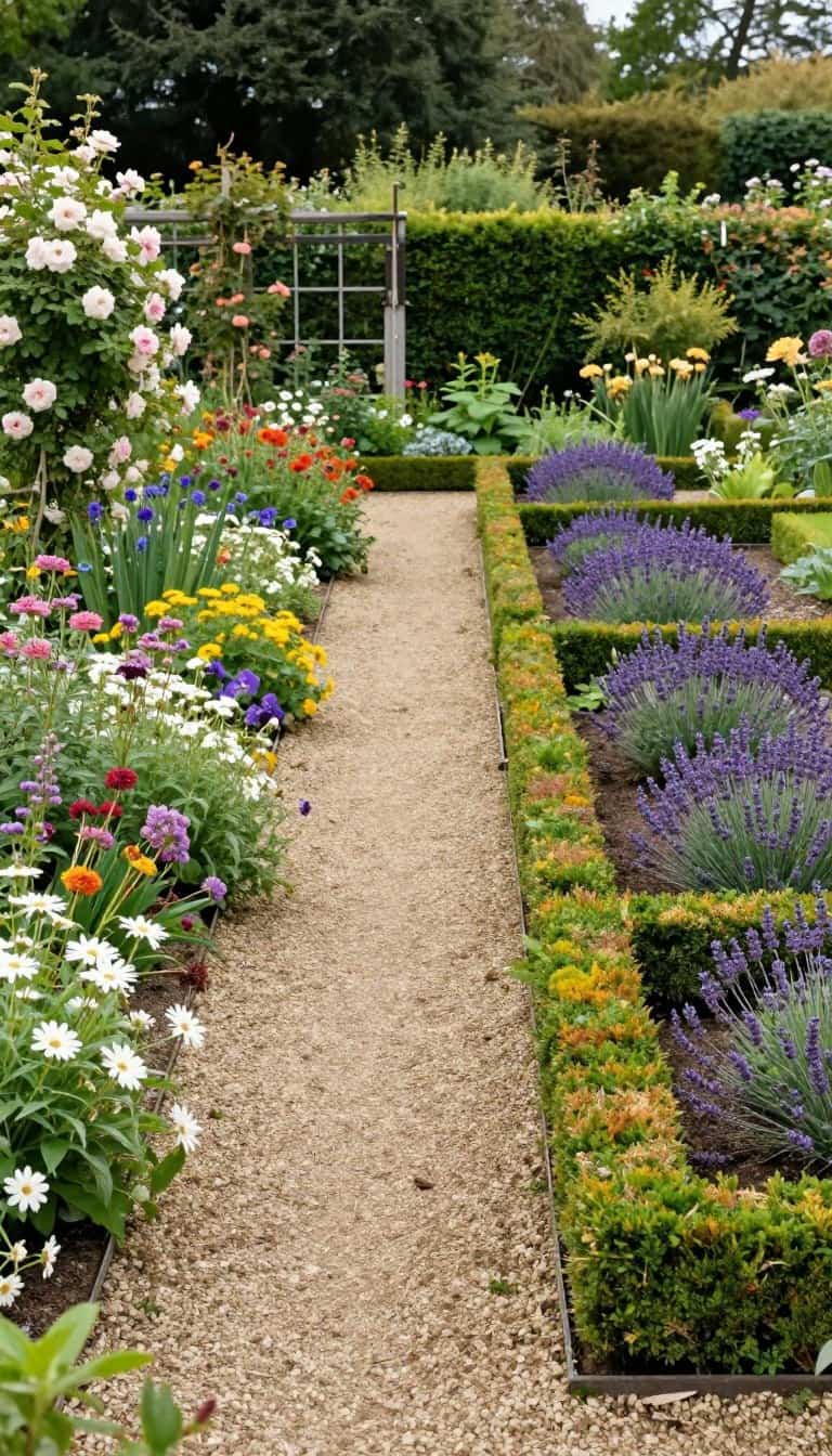 Side-by-side comparison of an English cottage garden with wild roses and a French country garden with lavender rows