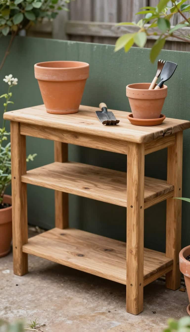 Simple wooden DIY potting bench with open shelving and rustic finish