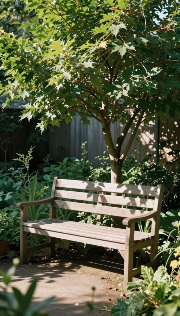 Simple wooden bench beneath small tree with dappled sunlight creating patterns on cottage garden seating area