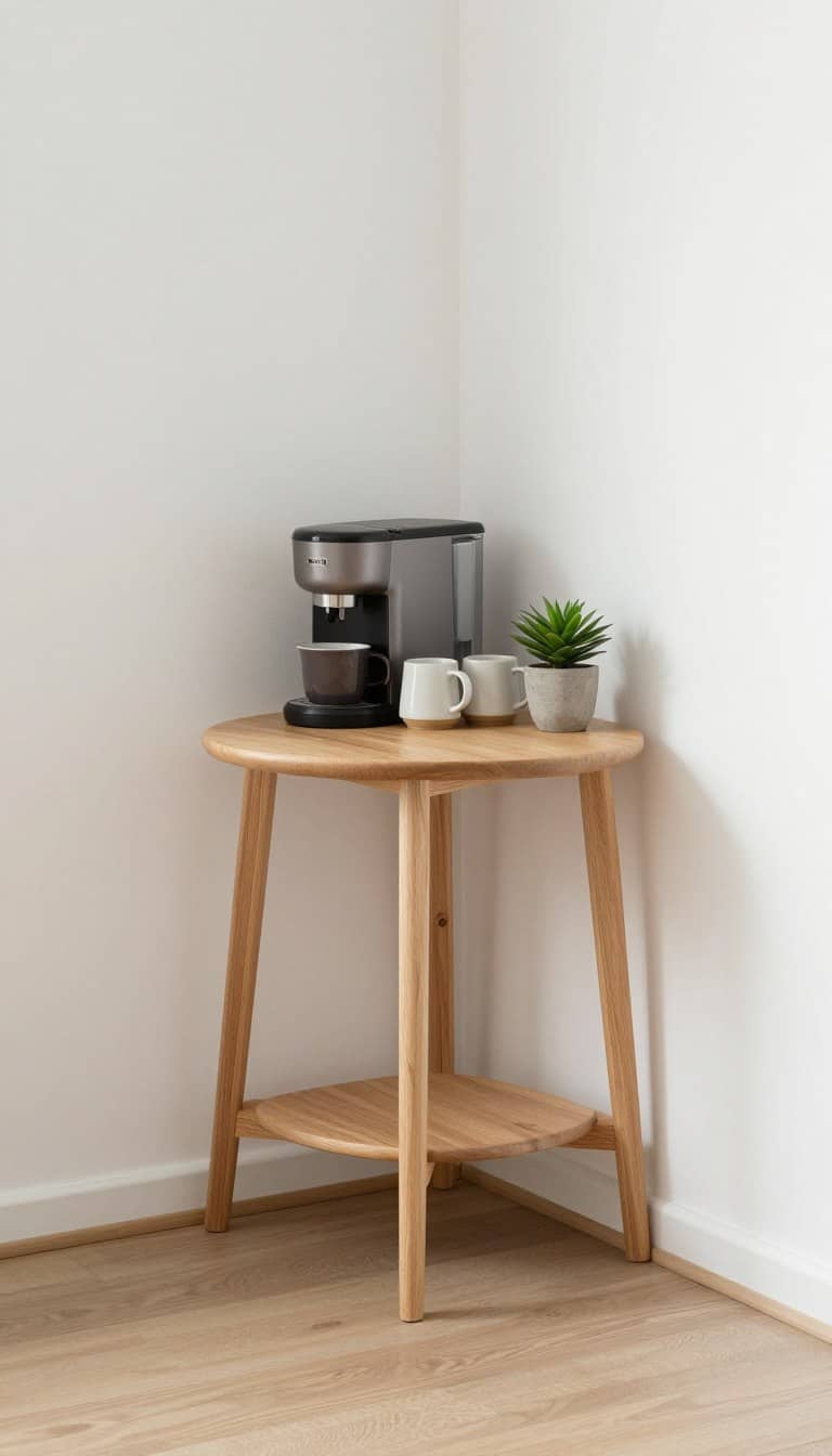 Slim corner table coffee bar with compact coffee maker and minimal decor in modern kitchen corner