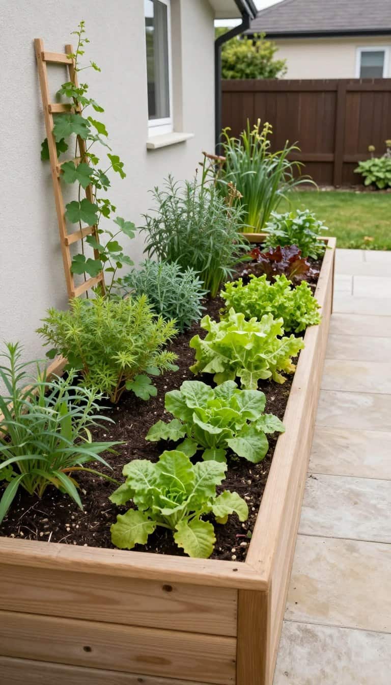 Slim raised garden beds for tiny yards lining a narrow side yard with vertical planting for small space growing