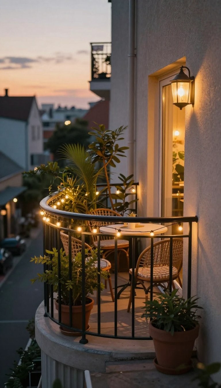 Small balcony at evening with warm ambient lighting creating cozy atmosphere