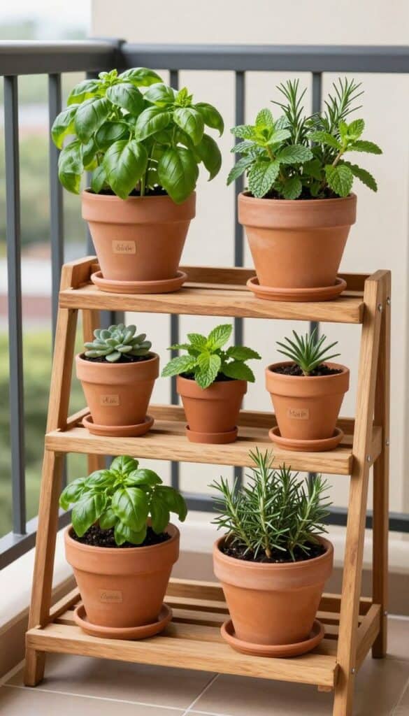 Small balcony shelf filled with herbs in containers creating a functional and beautiful container garden setup