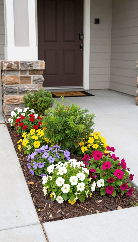 Small front garden flower bed with colorful plants and a welcoming curb appeal