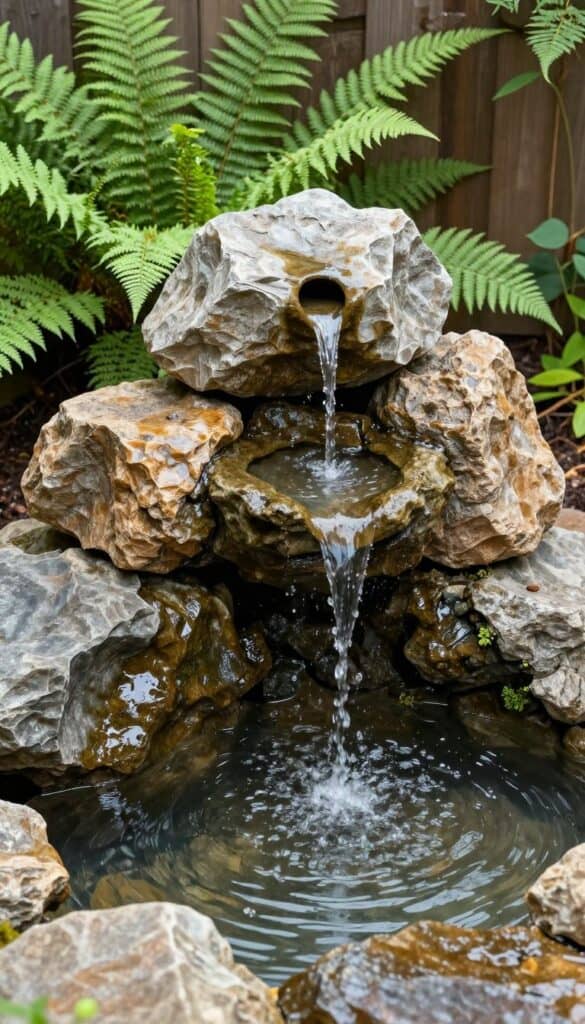 Small stone water feature creating calm atmosphere in cottage garden patio