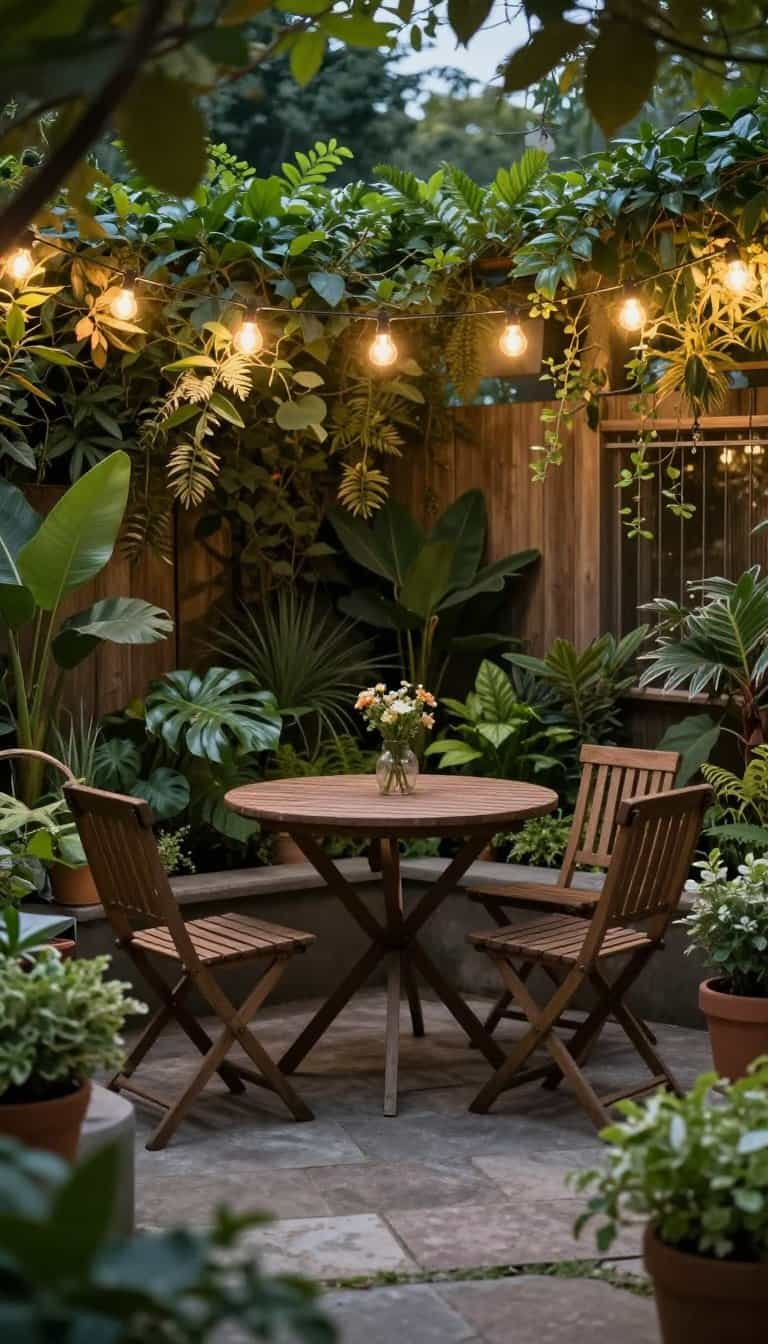 Small outdoor dining table placed in a tucked away garden corner surrounded by greenery and soft lighting for secret garden outdoor dining ideas