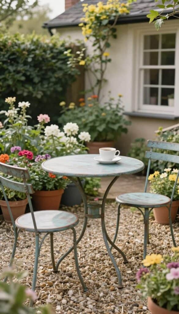 Small bistro set on a cottage garden patio surrounded by flowers