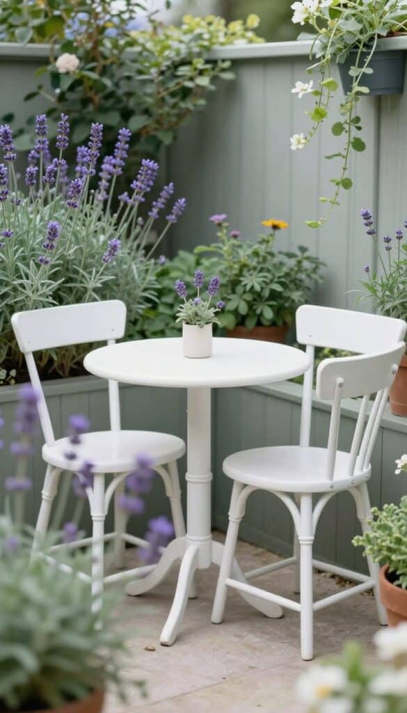 Small white bistro table and chairs set in cottage garden corner framed by flowering plants
