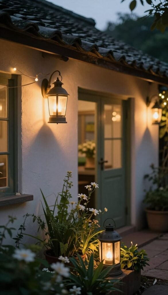 Soft lantern lighting in cottage garden creating warm evening atmosphere