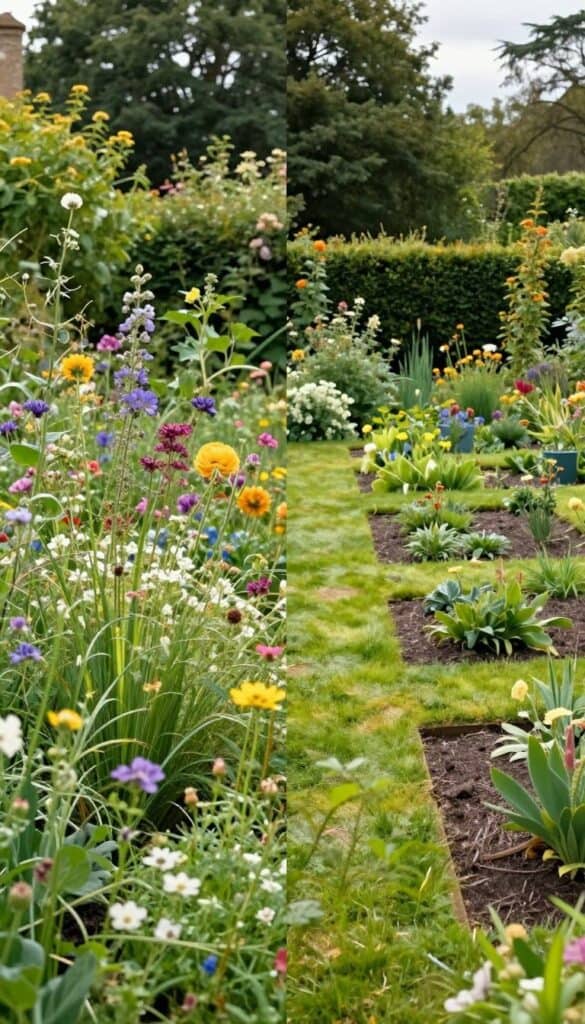 Split comparison showing English cottage garden versus French country garden styles