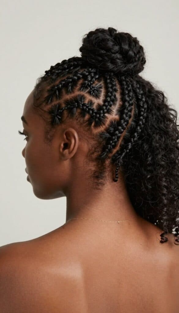 Stitch braids half up hairstyle on Black woman showing detailed parting pattern