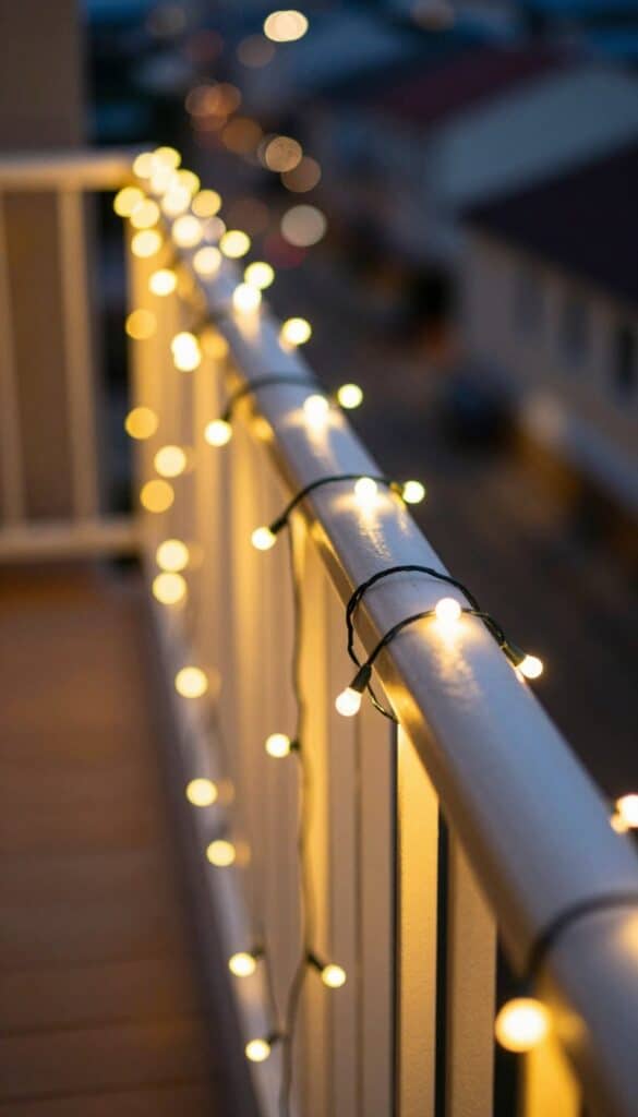 String lights draped loosely along balcony railing with warm white glow