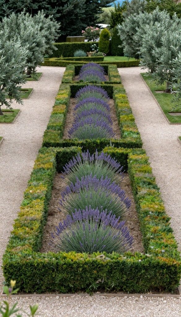 Structured French country garden with symmetrical boxwood borders and organized herb plantings