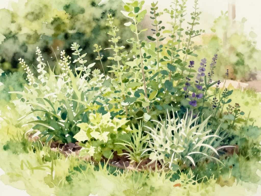 Sunlit herb garden corner with soft greens and natural textures in cottage garden painting