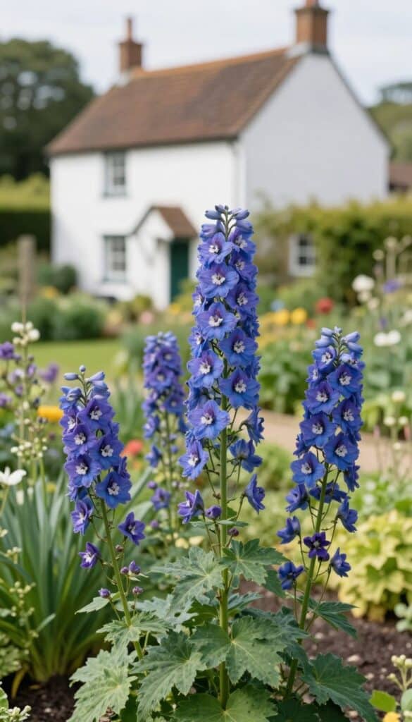 Tall blue delphinium flower spires towering in traditional English cottage garden border