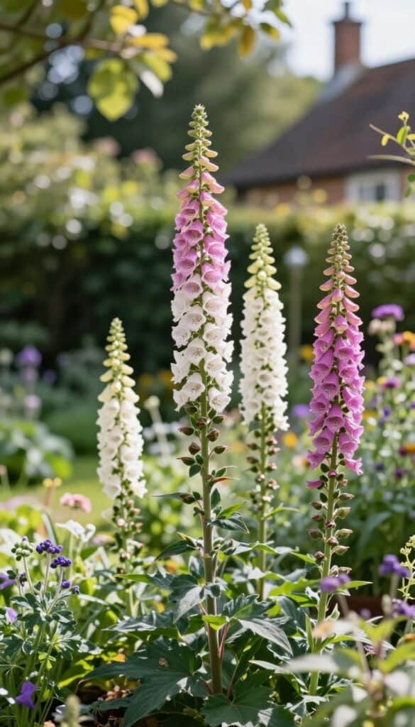 Tall pink foxglove flower spikes reaching upward in traditional English cottage garden